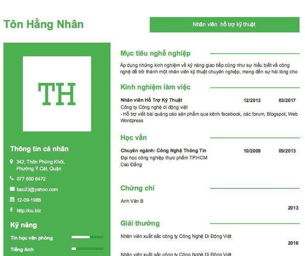 Mẫu CV Nhân viên  hỗ trợ kỹ thuật