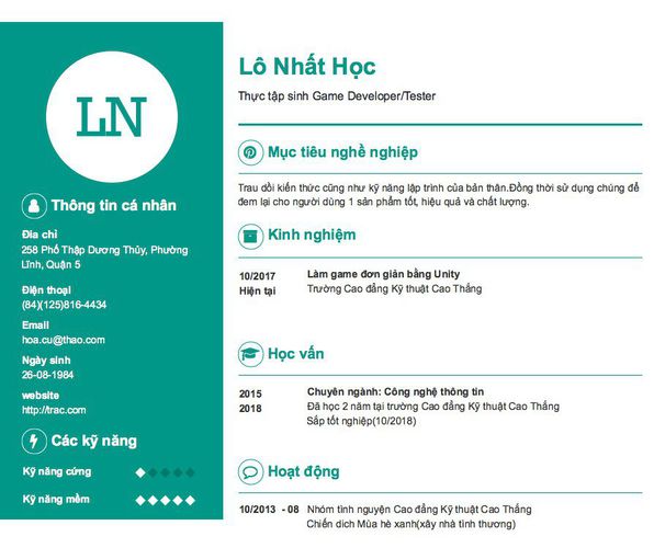 Mẫu CV Thực tập sinh Game Developer/Tester