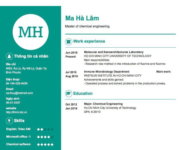 Mẫu CV Master of chemical engineering