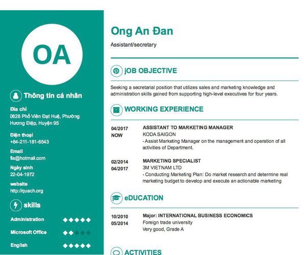 Mẫu CV Assistant/secretary