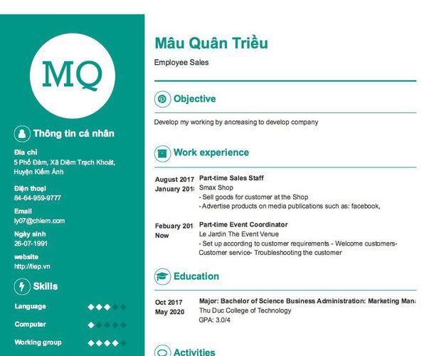 Mẫu CV Employee Sales