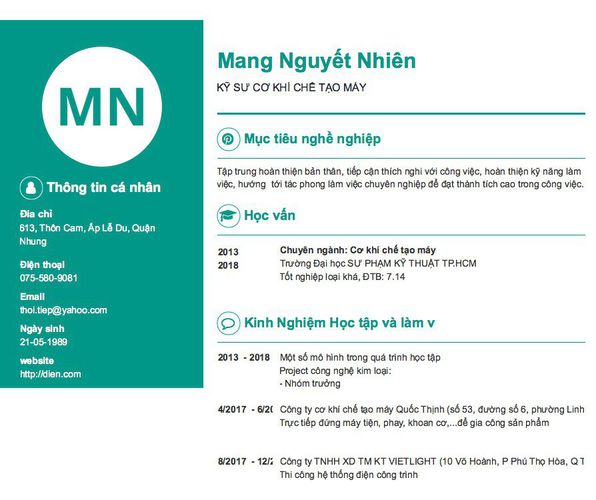 Mẫu CV KỸ SƯ CƠ KHÍ CHẾ TẠO MÁY