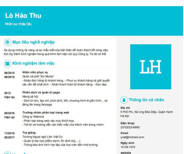 Mẫu CV Nhân sự nhập liệu
