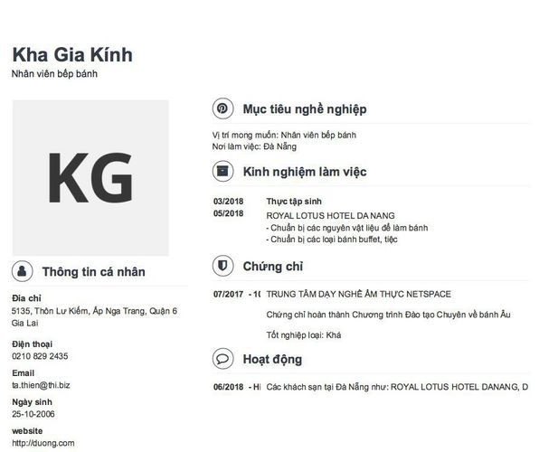 Mẫu CV Nhân viên bếp bánh