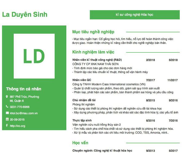 Mẫu CV kĩ sư công nghệ Hóa học