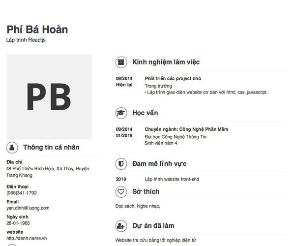 Mẫu CV Lập trình Reactjs