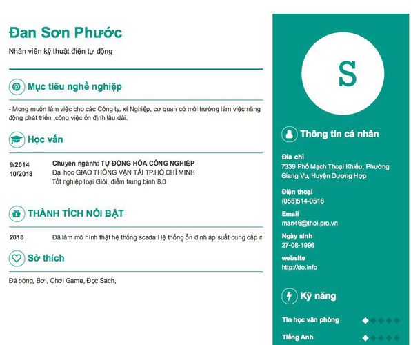 Mẫu CV Nhân viên kỹ thuật điện tự động