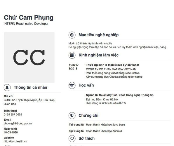 Mẫu CV INTERN React native Developer