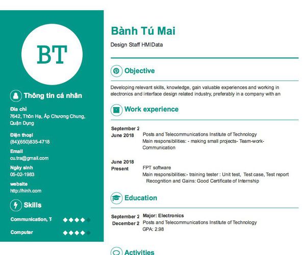 Mẫu CV Design Staff HMIData