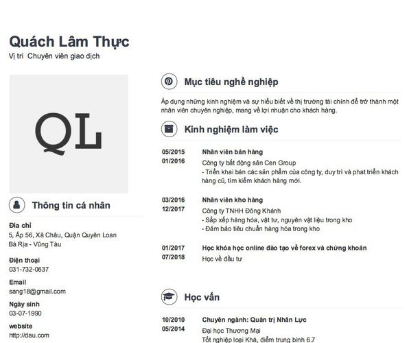 Mẫu CV Vị trí  Chuyên viên giao dịch