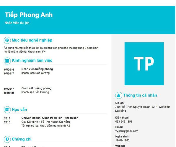 Mẫu CV Nhân Viên du lịch