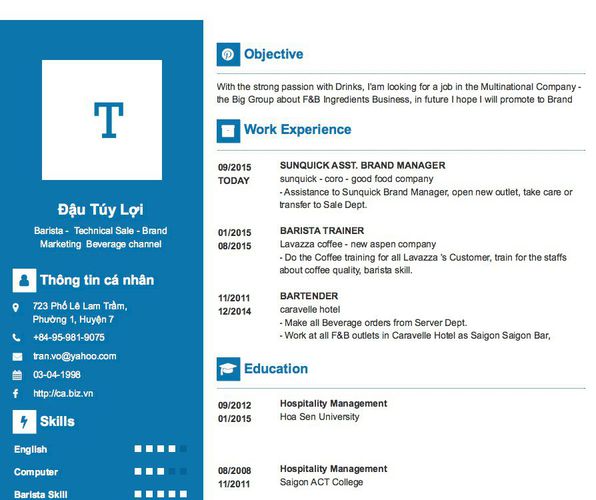 Gợi ý cách viết Mẫu CV tham khảo Barista -  Technical Sale - Brand Marketing  Beverage channel
