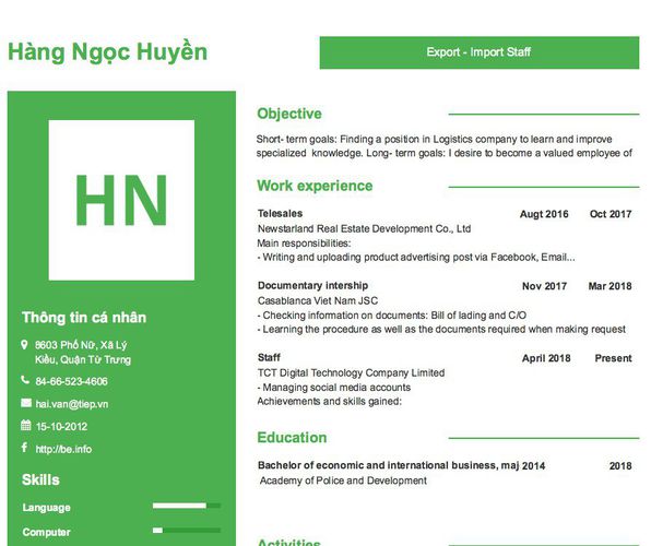 Mẫu CV Export - Import Staff