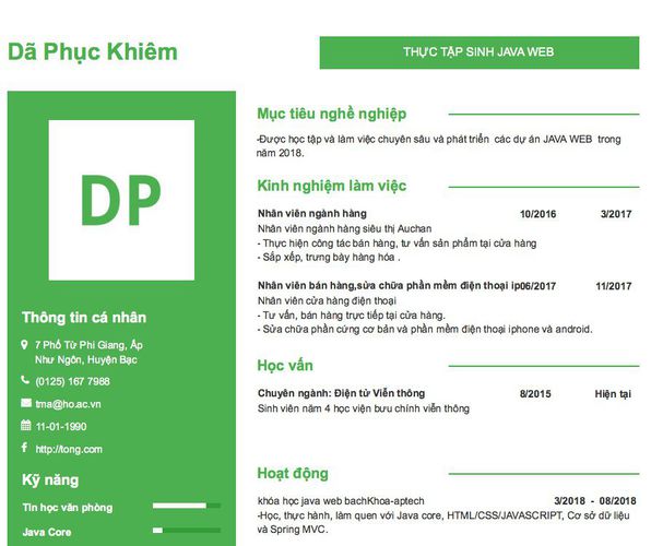 Mẫu CV THỰC TẬP SINH JAVA WEB