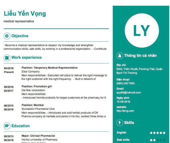 Mẫu CV medical representative