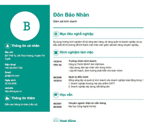 Mẫu CV Giám sát kinh doanh