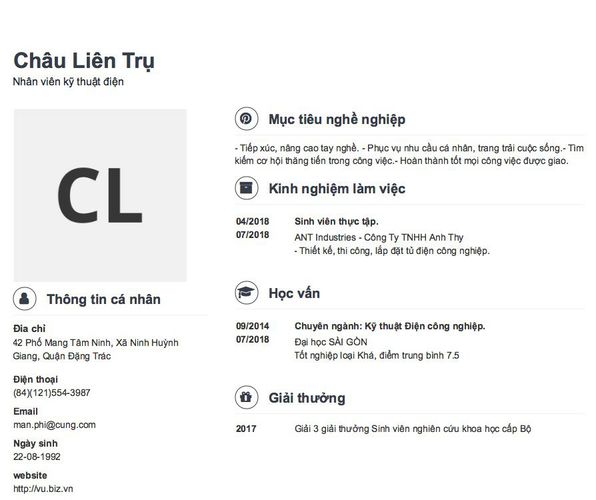Mẫu CV Nhân viên kỹ thuật điện