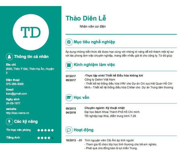 Mẫu CV                 Nhân viên cơ điện