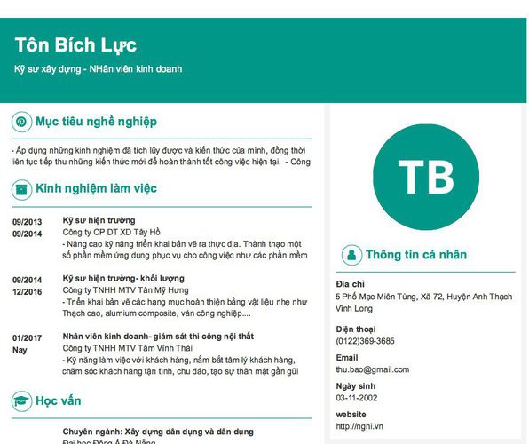 Gợi ý cách viết Mẫu CV tham khảo Kỹ sư xây dựng - NHân viên kinh doanh