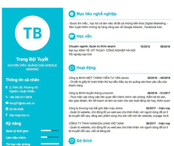 Mẫu CV CHUYÊN VIÊN  QUẢNG CÁO GOOGLE ADWORD