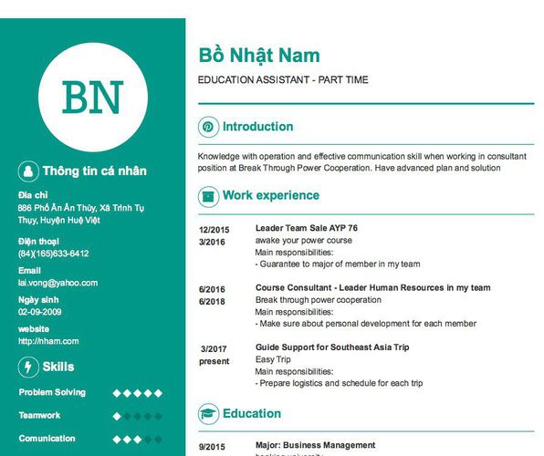Mẫu CV EDUCATION ASSISTANT - PART TIME