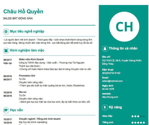 Mẫu CV SALES BẤT ĐỘNG SẢN