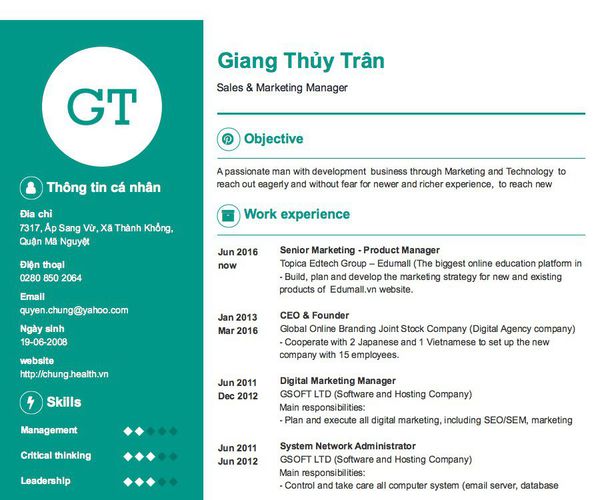 Mẫu CV Sales & Marketing Manager