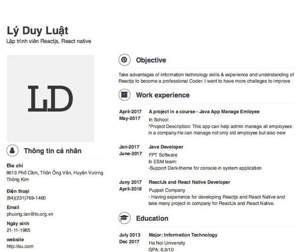 Mẫu CV Lập trình viên Reactjs, React native