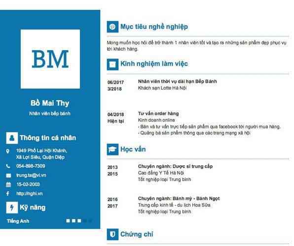 Mẫu CV Nhân viên bếp bánh