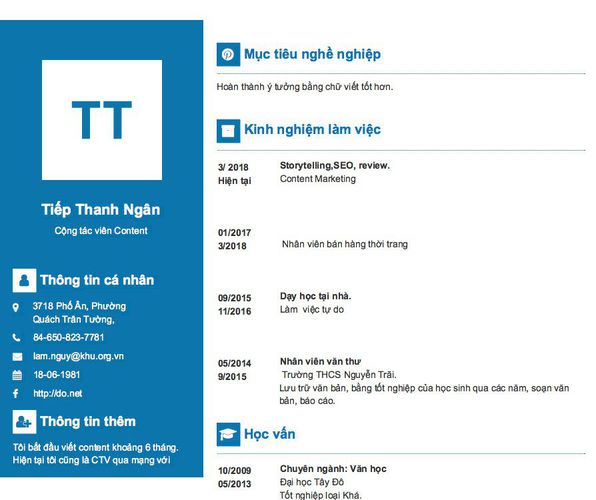 Mẫu CV Cộng tác viên Content