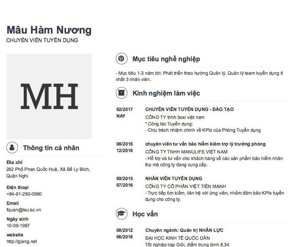 Mẫu CV CHUYÊN VIÊN TUYỂN DỤNG
