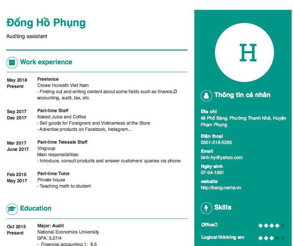 Mẫu CV Auditing assistant