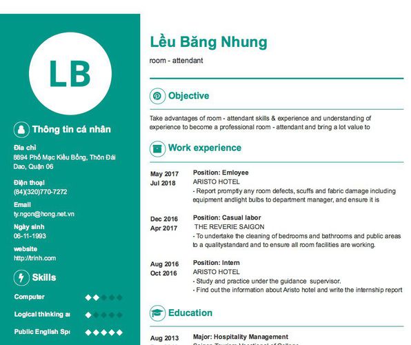 Mẫu CV room - attendant