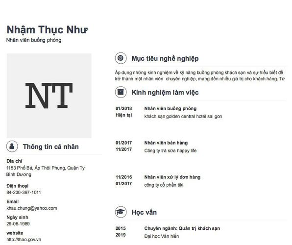 Mẫu CV Nhân viên buồng phòng