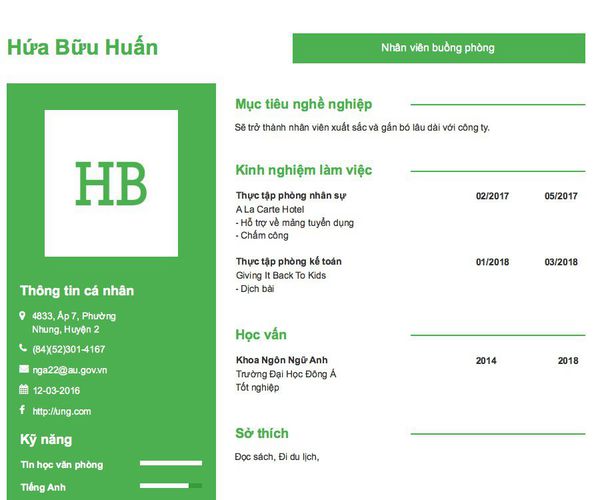 Mẫu CV Nhân viên buồng phòng