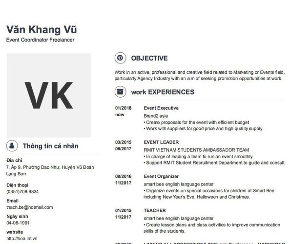 Mẫu CV Event Coordinator Freelancer