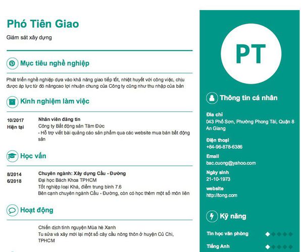 Mẫu CV Giám sát xây dựng