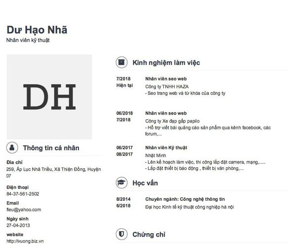 Mẫu CV Nhân viên kỹ thuật