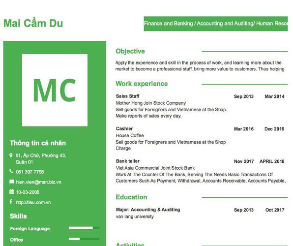 Gợi ý cách viết Mẫu CV tham khảo Finance and Banking / Accounting and Auditing/ Human Resource