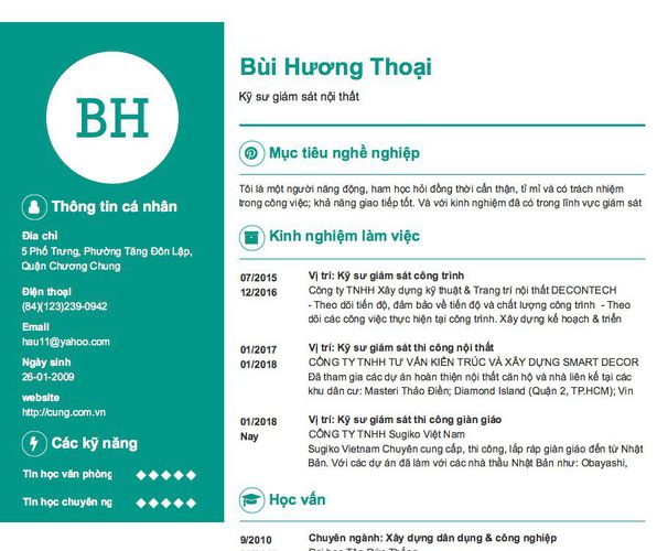 Mẫu CV Kỹ sư giám sát nội thất