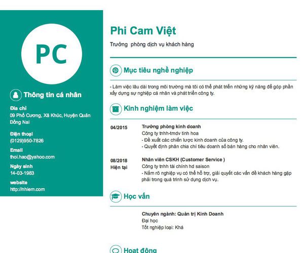Mẫu CV Trưởng  phòng dịch vụ khách hàng