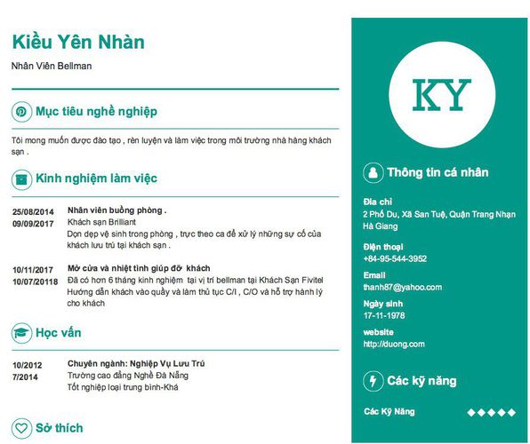 Mẫu CV Nhân Viên Bellman