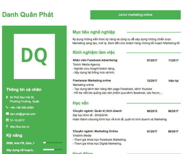Mẫu CV Junior marketing online