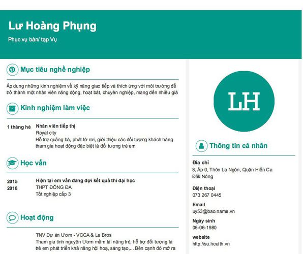 Mẫu CV Phục vụ bàn/ tạp Vụ