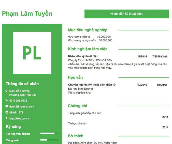 Mẫu CV Nhân viên kỹ thuật điện