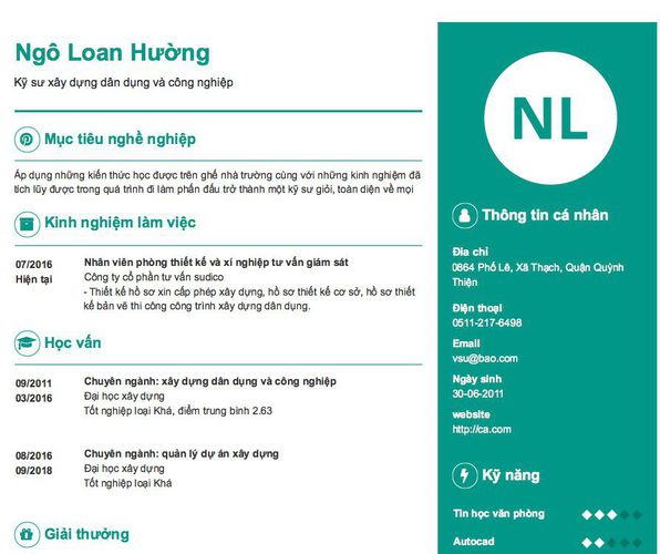 Mẫu CV Kỹ sư xây dựng dân dụng và công nghiệp