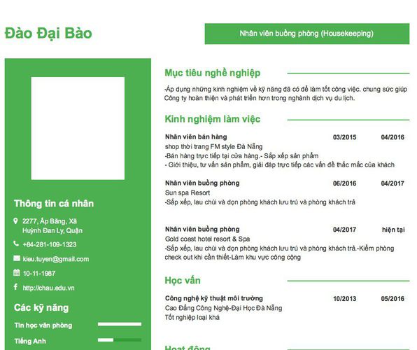 Gợi ý cách viết Mẫu CV tham khảo Nhân viên buồng phòng (Housekeeping)