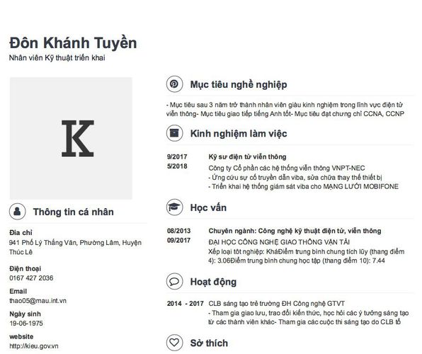 Mẫu CV Nhân viên Kỹ thuật triển khai