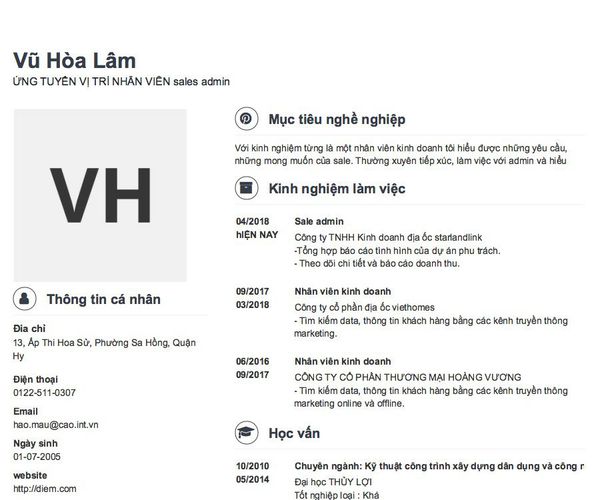 Gợi ý cách viết Mẫu CV tham khảo ỨNG TUYỂN VỊ TRÍ NHÂN VIÊN sales admin