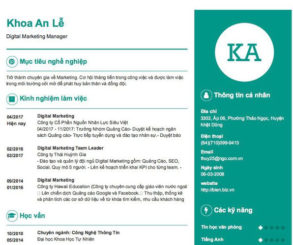 Mẫu CV Digital Marketing Manager